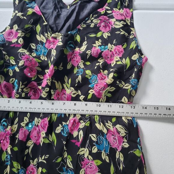 Y2K Whimsigoth Fairy Grunge Dress Womens 14 Black Floral Silk Sleeveless V-Neck - Picture 6 of 8